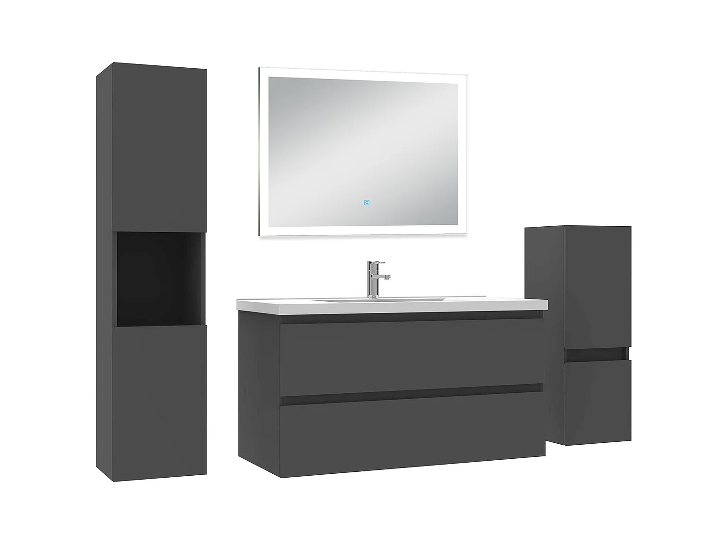 Ensemble meuble Salle de Bain 100cm avec simple vasque et colonne et miroir lumineux dimmable anthracite