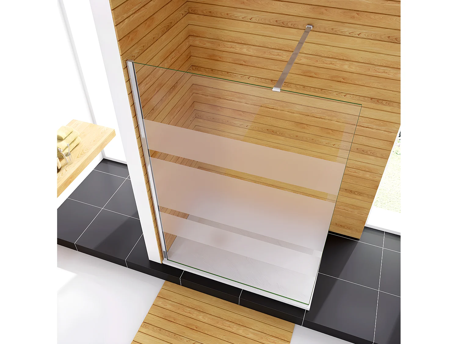 80x190cm Box Doccia Walk In Parete Fissa in Vetro Temperato 6 mm Anticalcare Multi Fasce Satinate Opache con Barra Stabilizzatrice 90cm Cromo Lucido