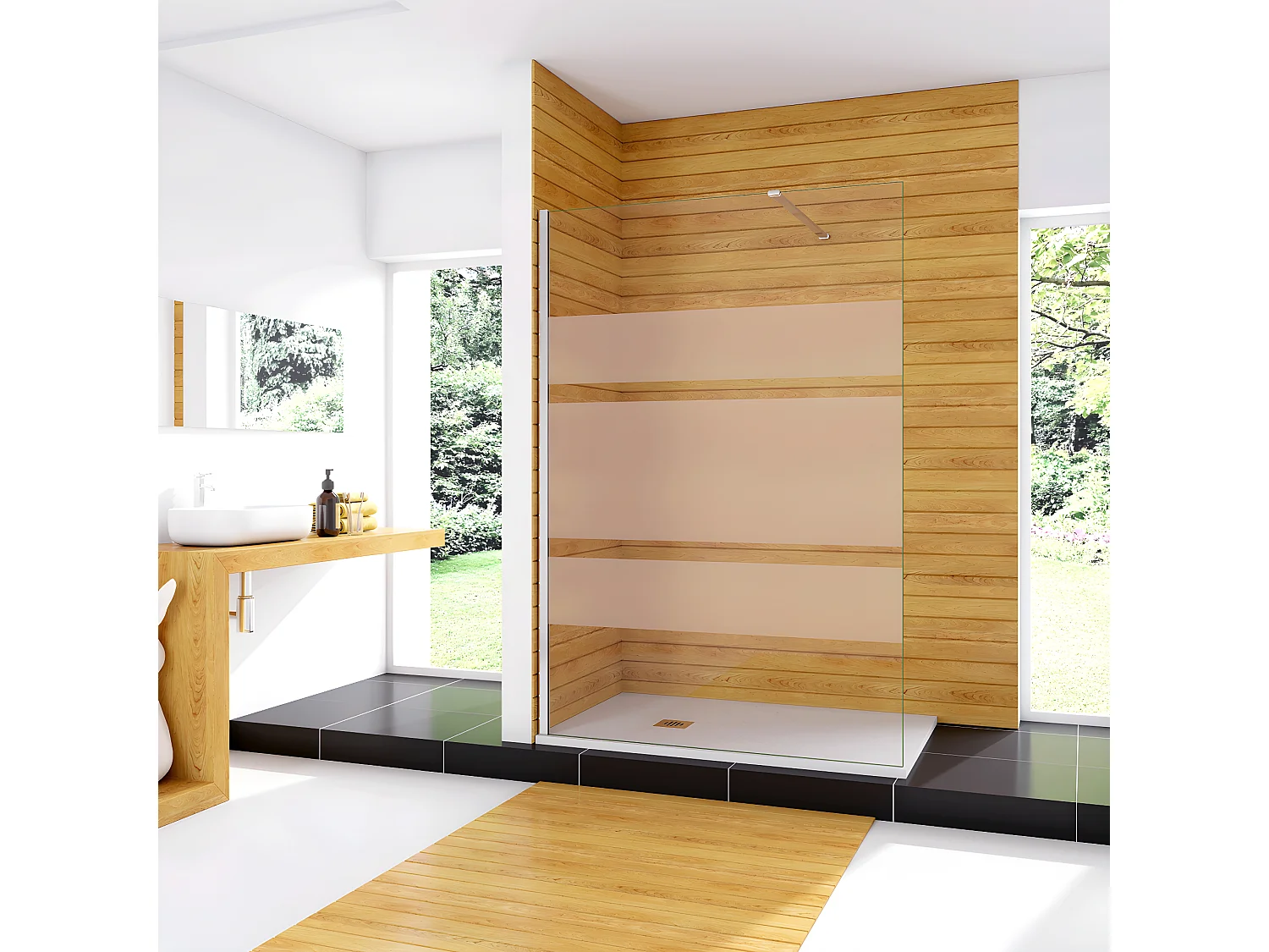 80x190cm Box Doccia Walk In Parete Fissa in Vetro Temperato 6 mm Anticalcare Multi Fasce Satinate Opache con Barra Stabilizzatrice 90cm Cromo Lucido