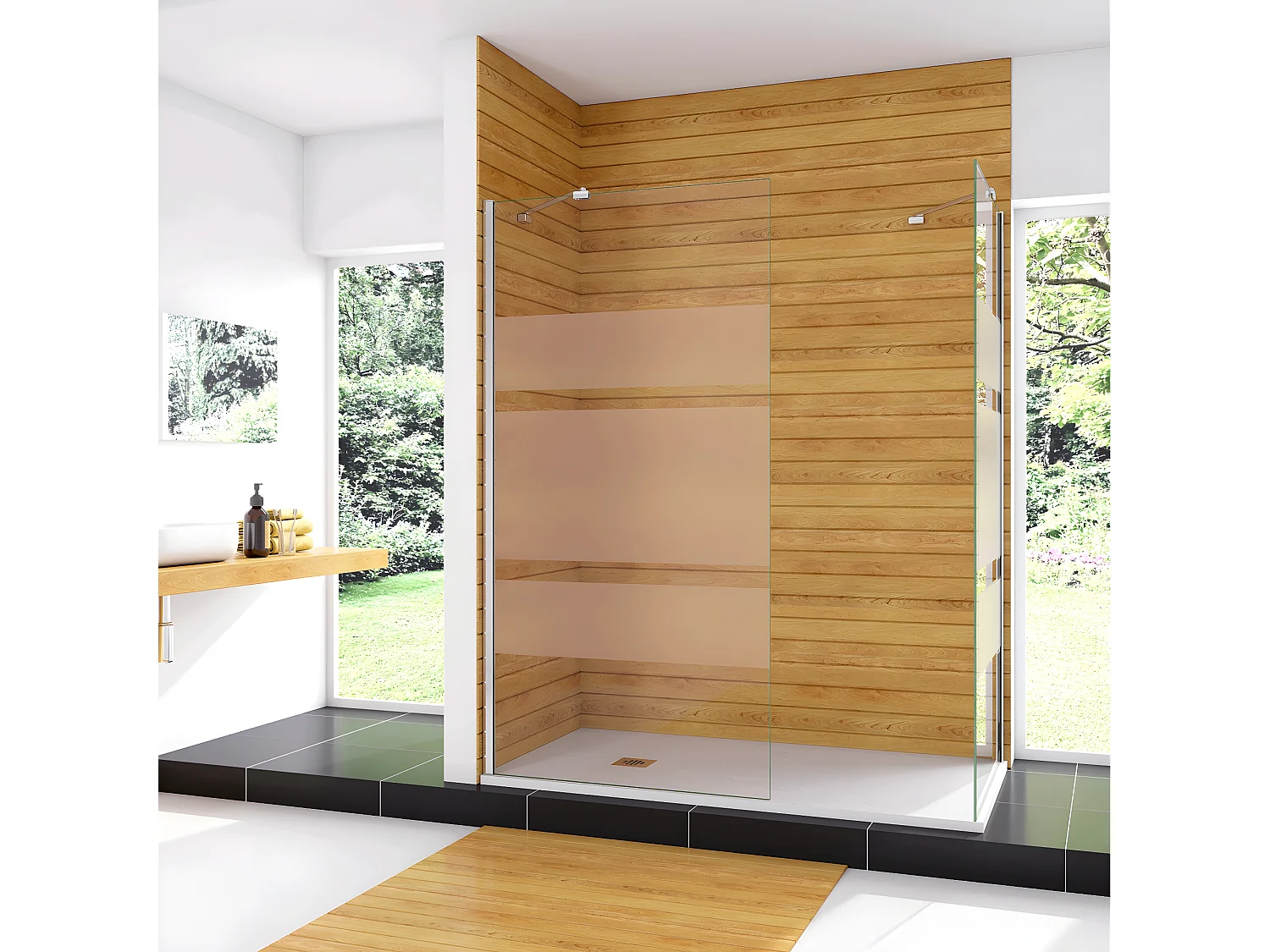 Box Doccia Angolare da Doppio Walk In (90+80)x190cm in Vetro Temperato 6 mm Anticalcare Multi Fasce Satinate 2 Barre Stabilizzatrici 45cm Cromo Lucido