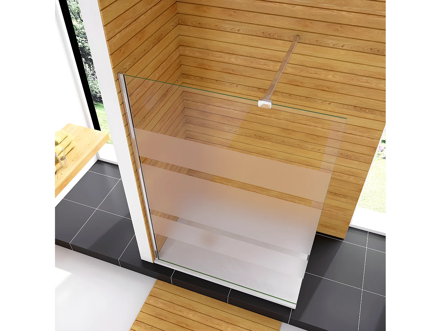 Box Doccia Walk In 70x190cm Parete Fissa in Vetro Temperato 6 mm Anticalcare Multi Fasce Satinate Opache con Barra Stabilizzatrice 90cm Cromo Lucido