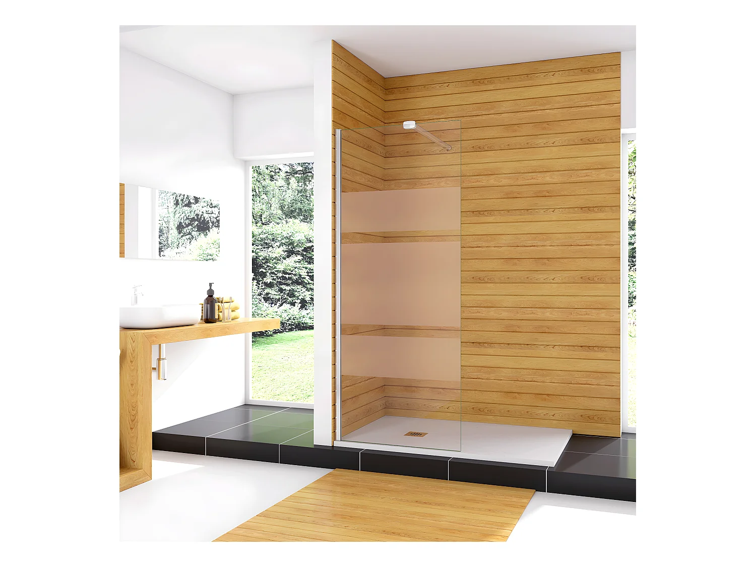 Box Doccia Walk In 70x190cm Parete Fissa in Vetro Temperato 6 mm Anticalcare Multi Fasce Satinate Opache con Barra Stabilizzatrice 90cm Cromo Lucido