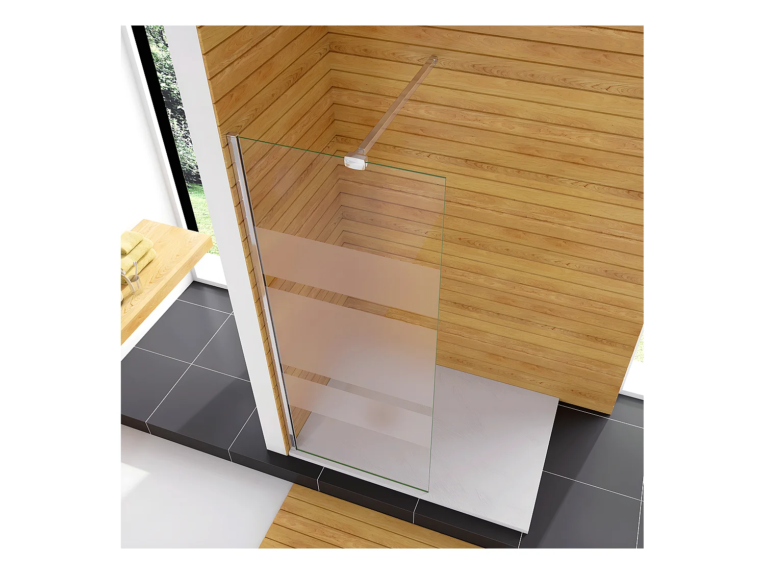 Box Doccia Walk In 70x190cm Parete Fissa in Vetro Temperato 6 mm Anticalcare Multi Fasce Satinate Opache con Barra Stabilizzatrice 90cm Cromo Lucido