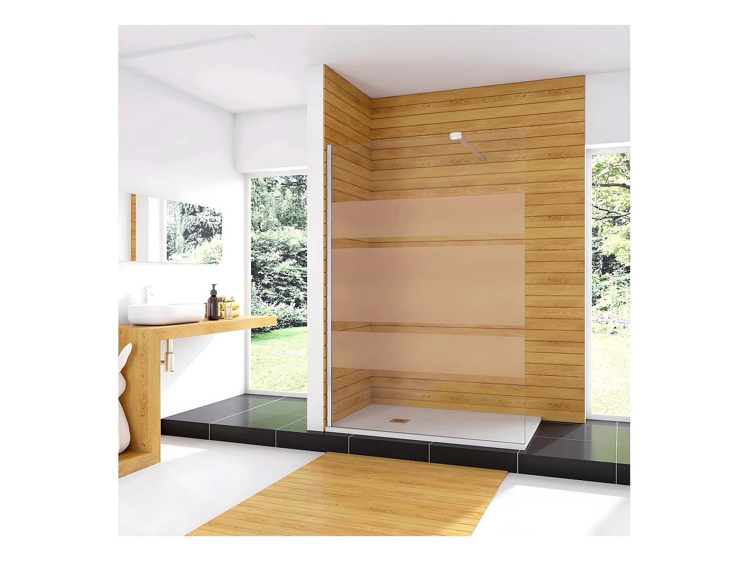 Box Doccia Walk In 70x190cm Parete Fissa in Vetro Temperato 6 mm Anticalcare Multi Fasce Satinate Opache con Barra Stabilizzatrice 90cm Cromo Lucido