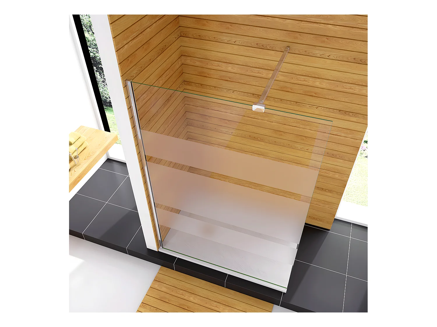 Box Doccia Walk In 70x190cm Parete Fissa in Vetro Temperato 6 mm Anticalcare Multi Fasce Satinate Opache con Barra Stabilizzatrice 90cm Cromo Lucido