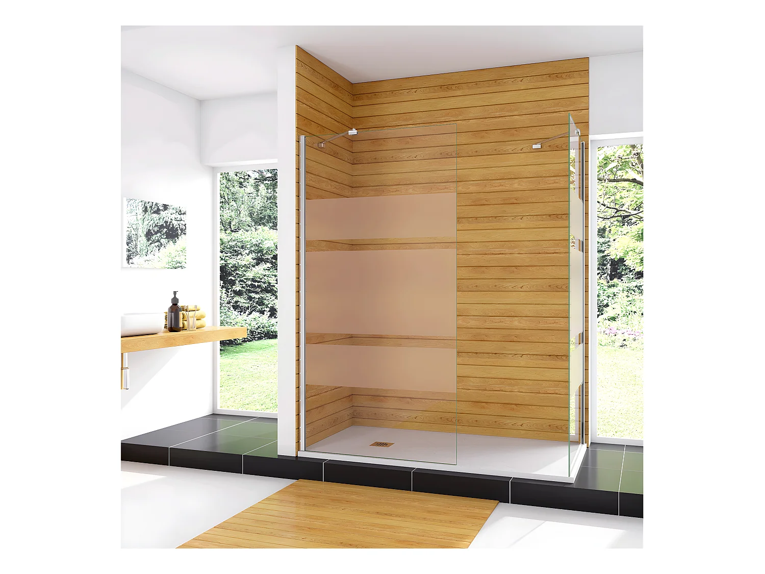Box Doccia Angolare da Doppio Walk In (90+60)x190cm in Vetro Temperato 6 mm Anticalcare Multi Fasce Satinate 2 Barre Stabilizzatrici 45cm Cromo Lucido