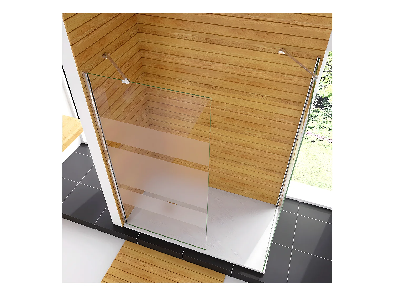 Box Doccia Angolare da Doppio Walk In (90+60)x190cm in Vetro Temperato 6 mm Anticalcare Multi Fasce Satinate 2 Barre Stabilizzatrici 45cm Cromo Lucido