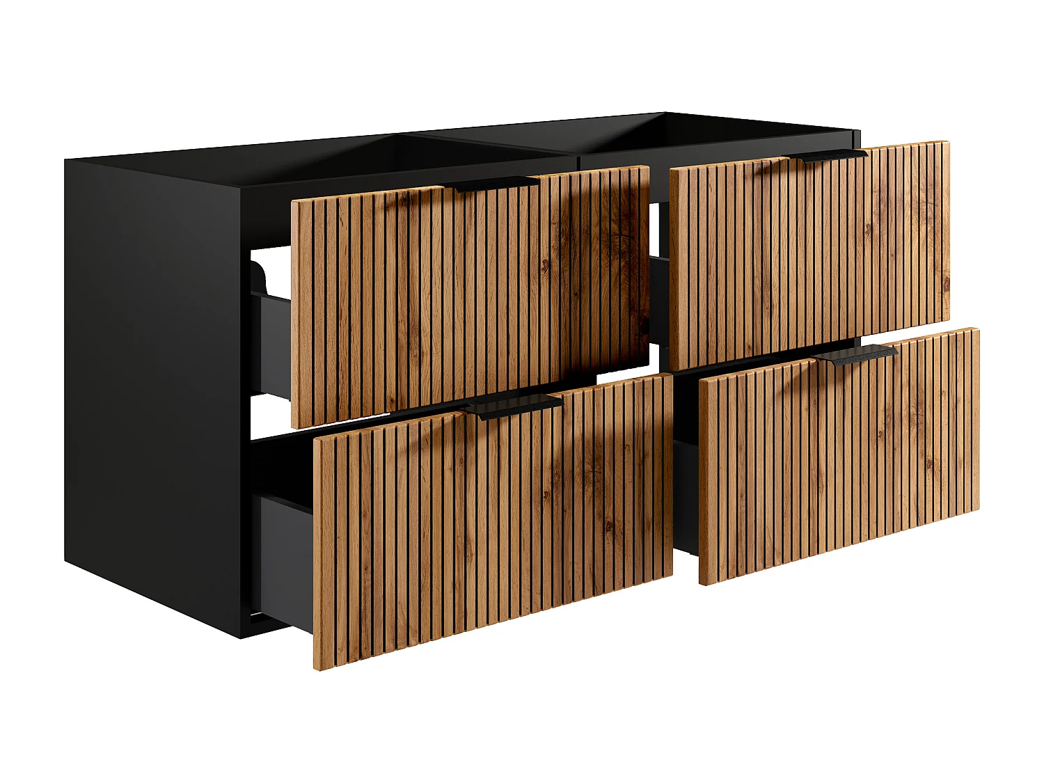 Upphängt tvättställsskåp med räfflad struktur - Ljus naturträ och svart - 120 cm - MADELA