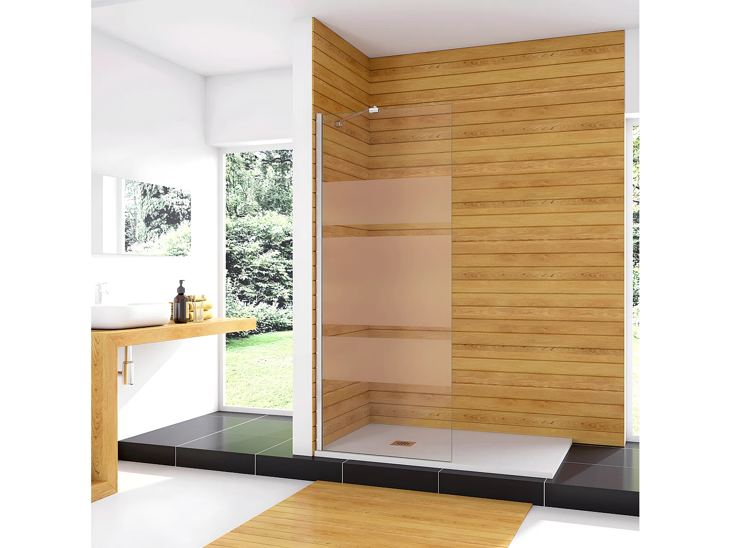 Box Doccia Walk In 70x190cm Parete Fissa in Vetro Temperato 6 mm Anticalcare Multi Fasce Satinate Opache con Barra Stabilizzatrice 45cm Cromo Lucido