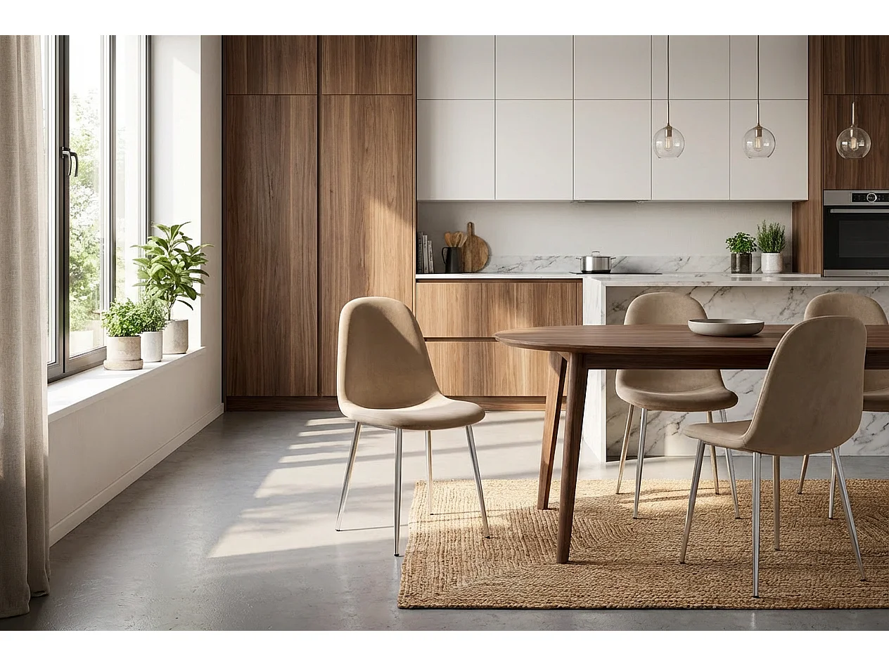 Lot de 4 Chaises Scandinaves Velours Taupe Pieds Chrome 43,5x40x87cm