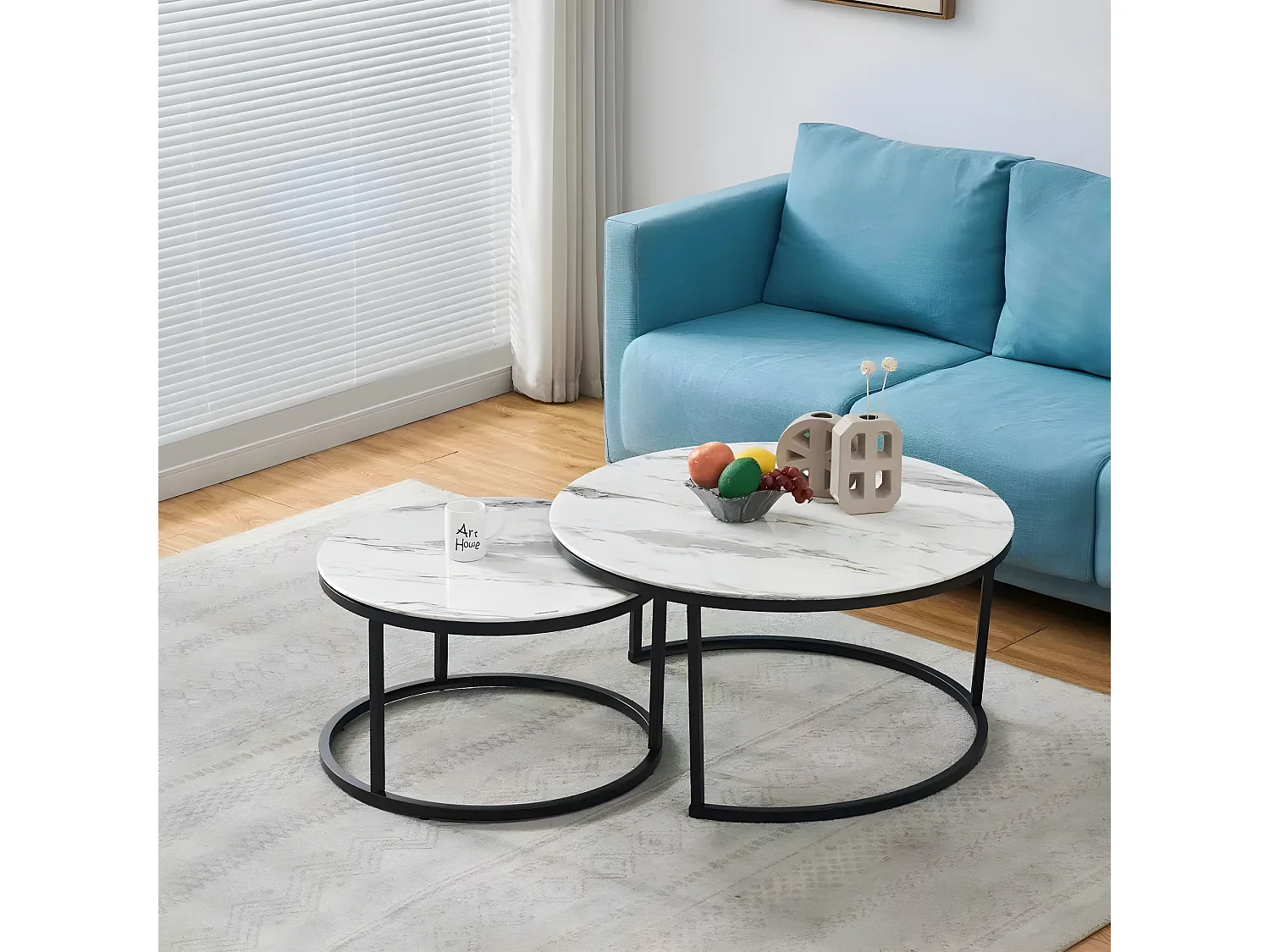 TABLE BASSE GIGOGNE METAL NOIR VERRE MARBRE BLANC