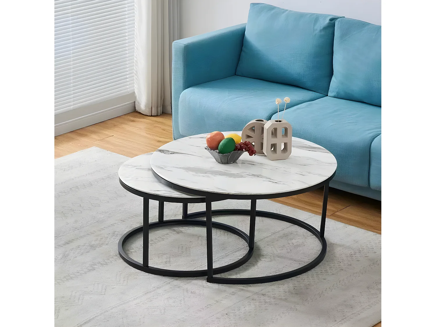 TABLE BASSE GIGOGNE METAL NOIR VERRE MARBRE BLANC