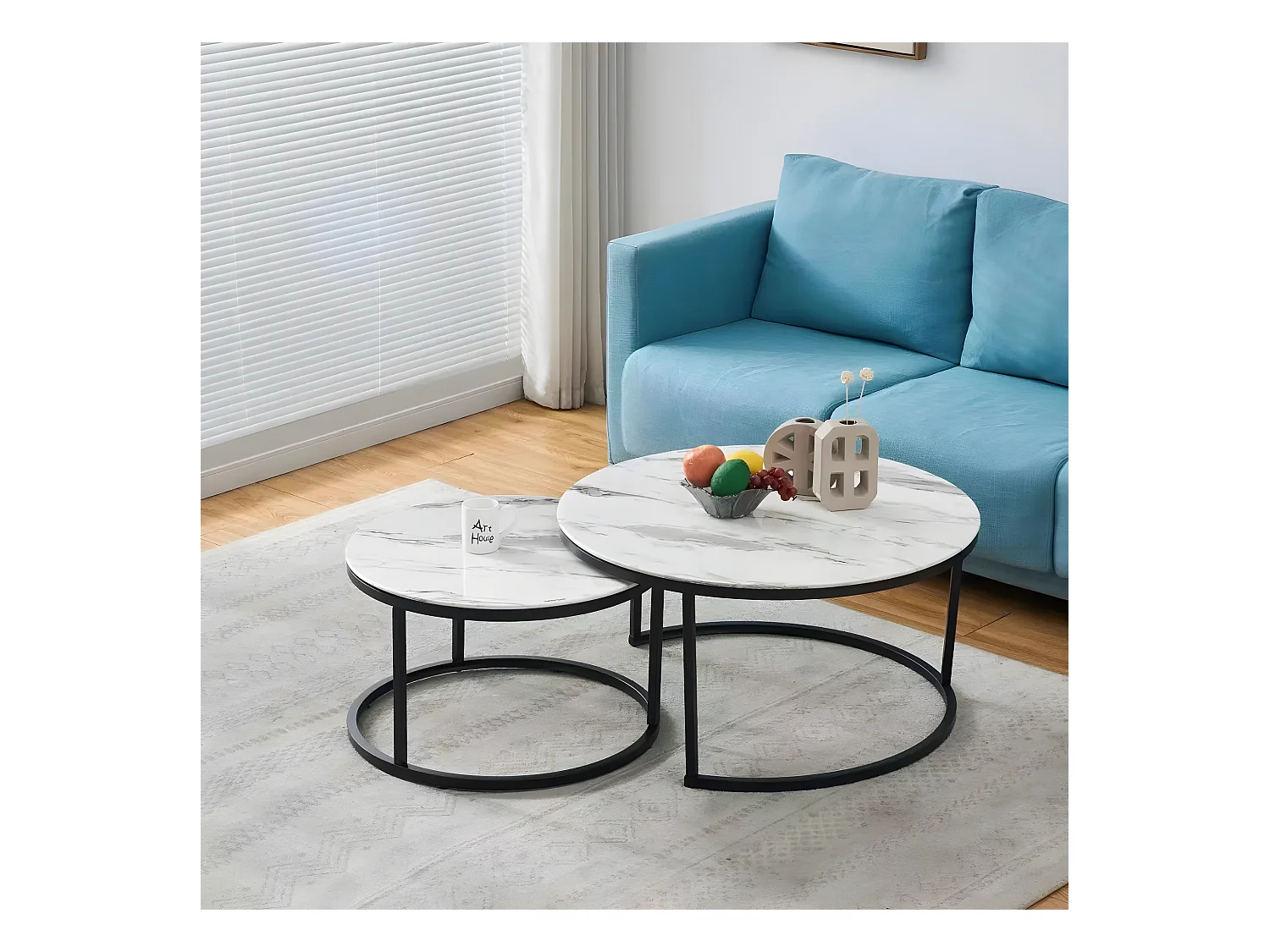 TABLE BASSE GIGOGNE METAL NOIR VERRE MARBRE BLANC