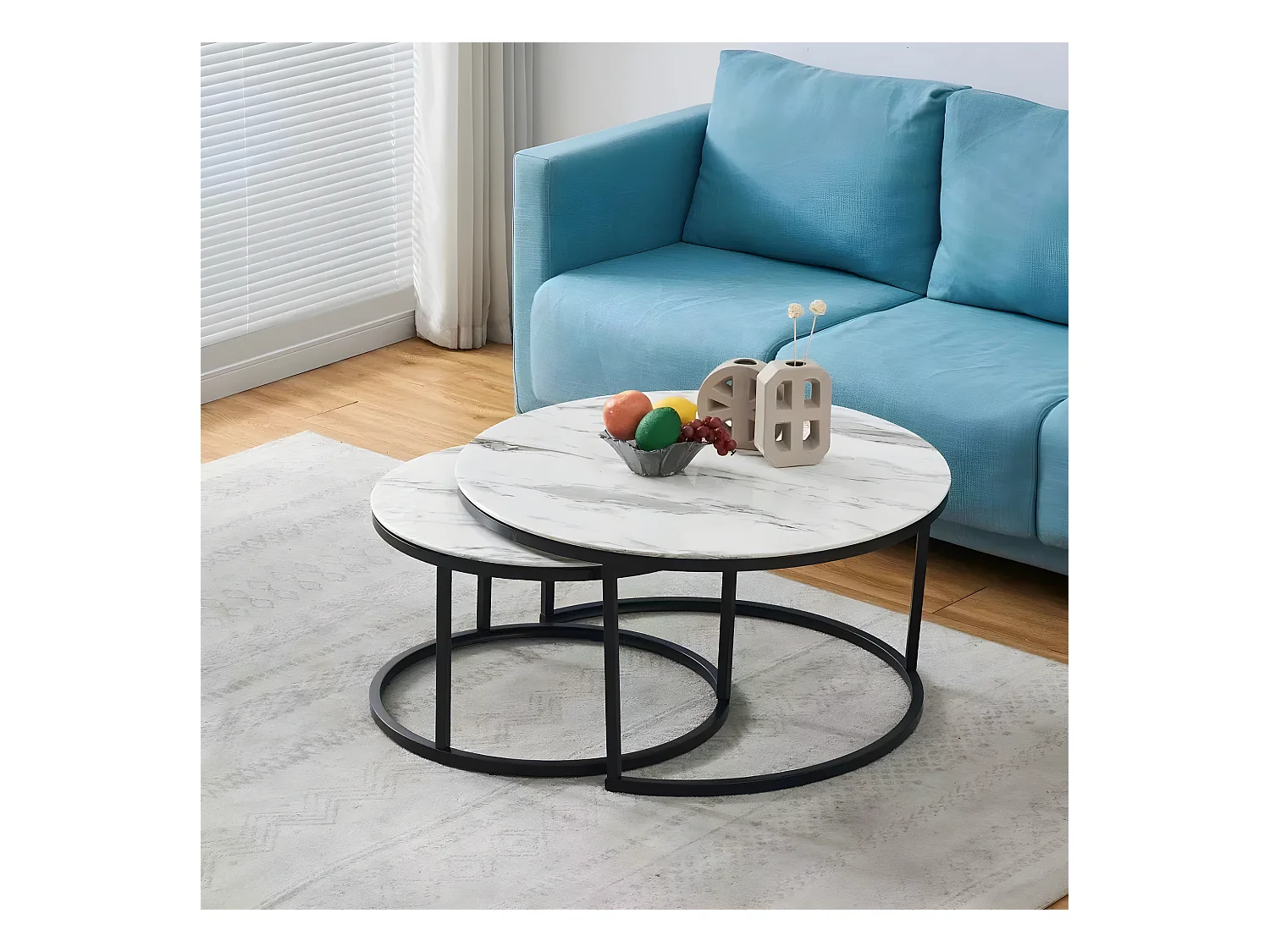 TABLE BASSE GIGOGNE METAL NOIR VERRE MARBRE BLANC