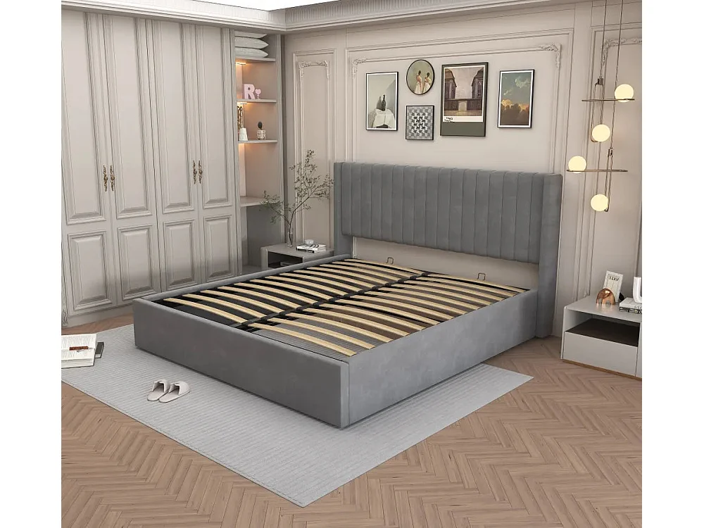 LIT DOUBLE COFFRE CAMILLE en velours GRIS 160X200CM