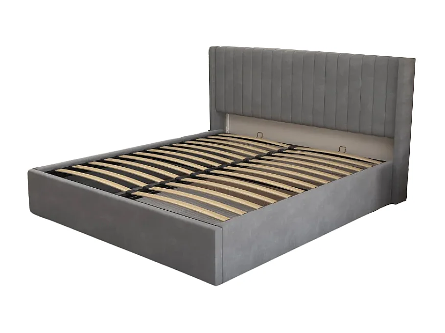 Lit Coffre 160x200 – Velours Gris Sommier Inclus