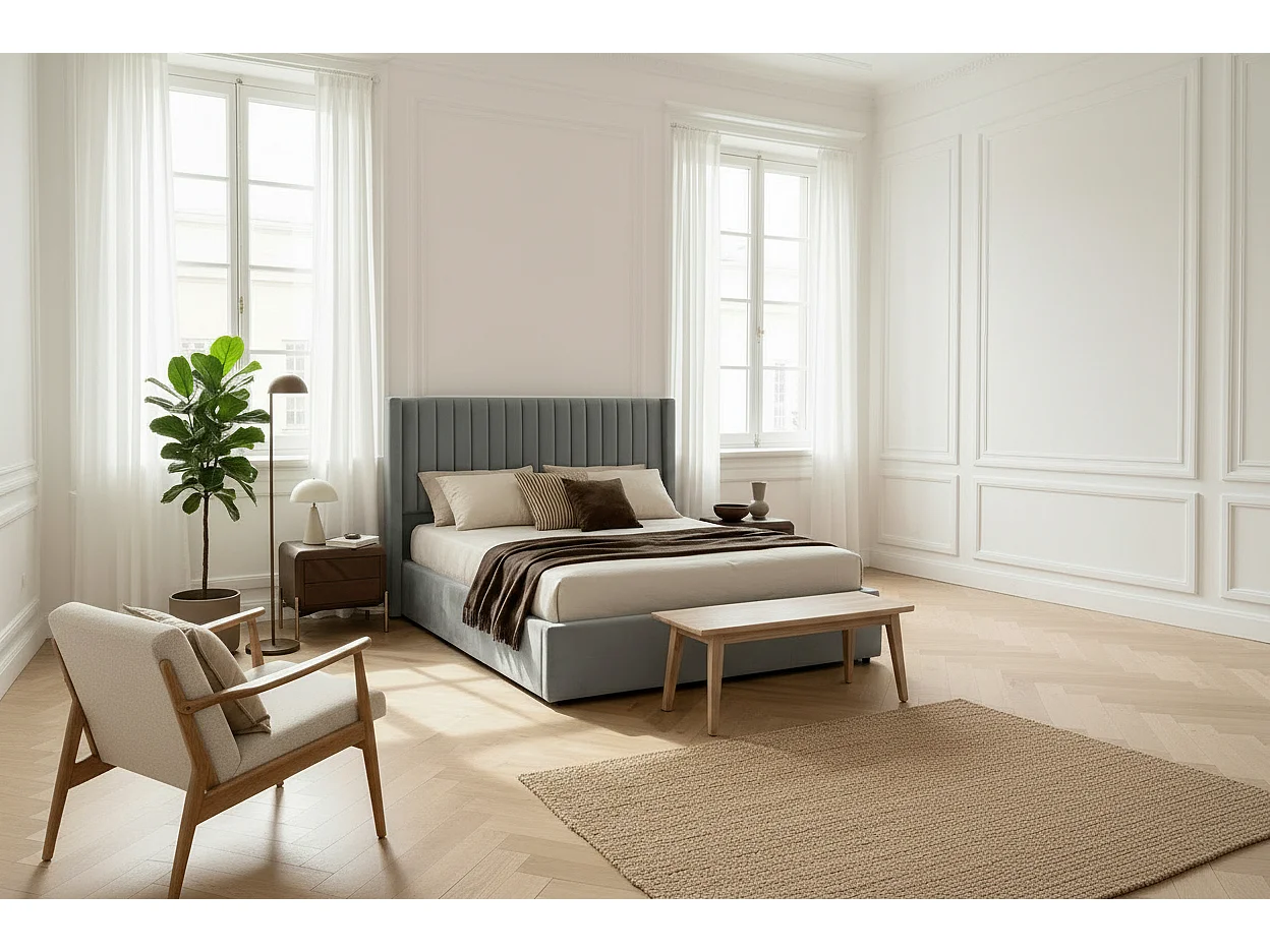Lit Coffre 160x200 – Velours Gris Sommier Inclus