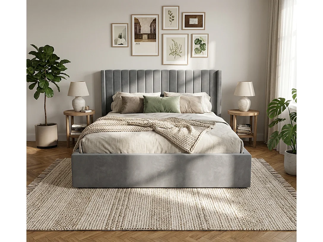 Lit Coffre 160x200 – Velours Gris Sommier Inclus