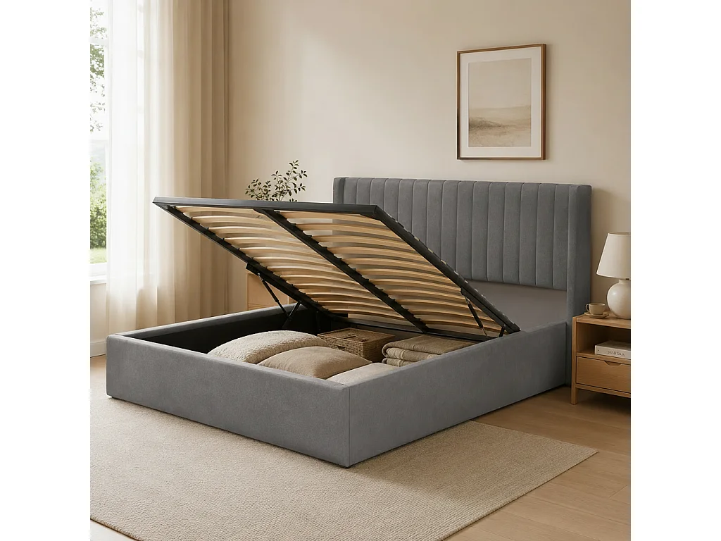 Lit Coffre 160x200 – Velours Gris Sommier Inclus