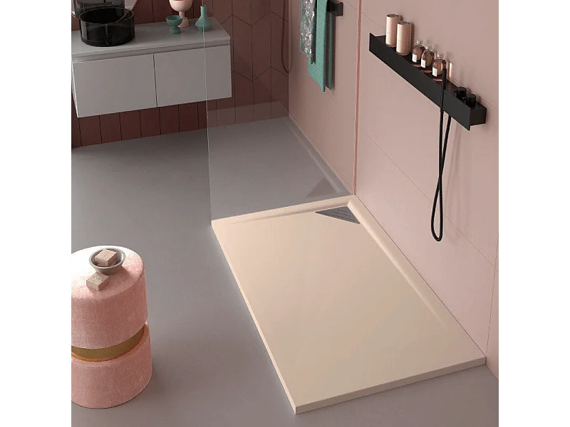Plato de ducha resina TRINITY crema  90x90 cm rejilla inox a la izquierda