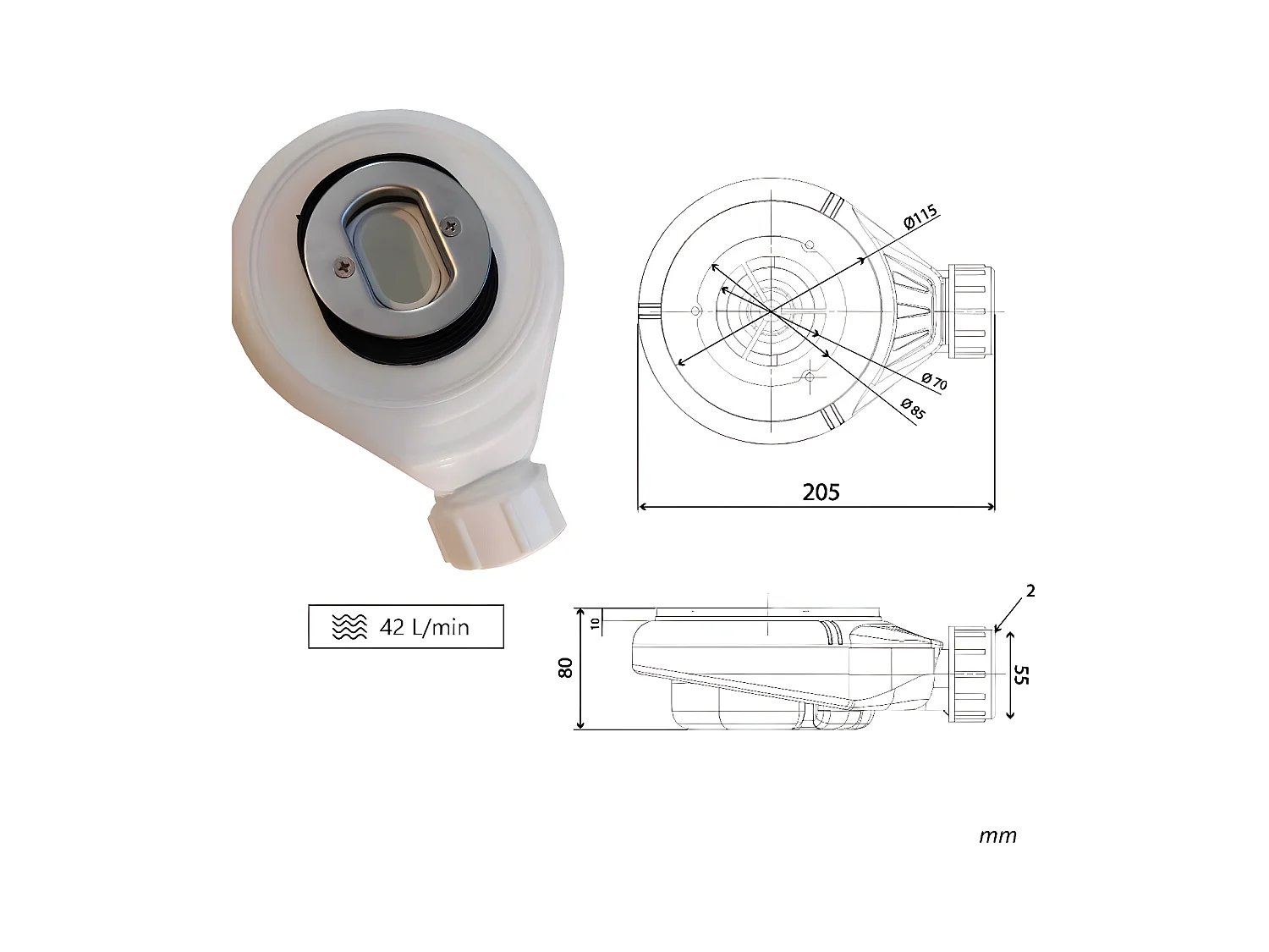Plato de ducha pizarra EDIS BLANCO  80x150 cm rejilla inox