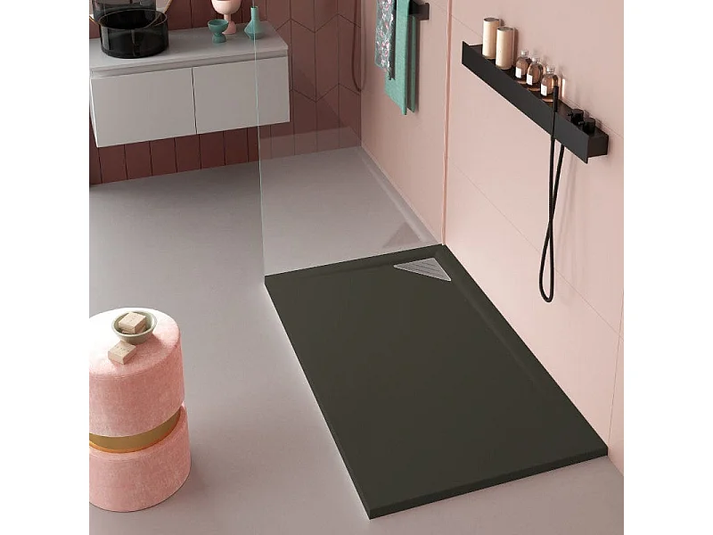 Plato de ducha resina TRINITY negro  70x100 cm rejilla inox a la izquierda