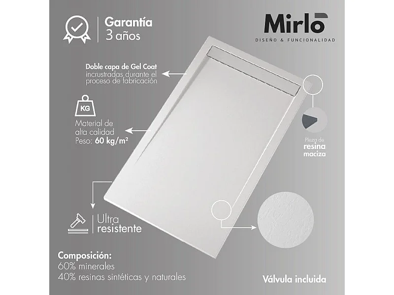 Plato de ducha resina TRINITY blanco  80x150 cm rejilla inox a la derecha