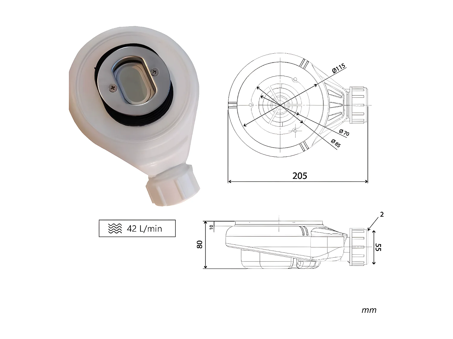 Plato de ducha pizarra EDIS CREMA  90x160 cm rejilla inox