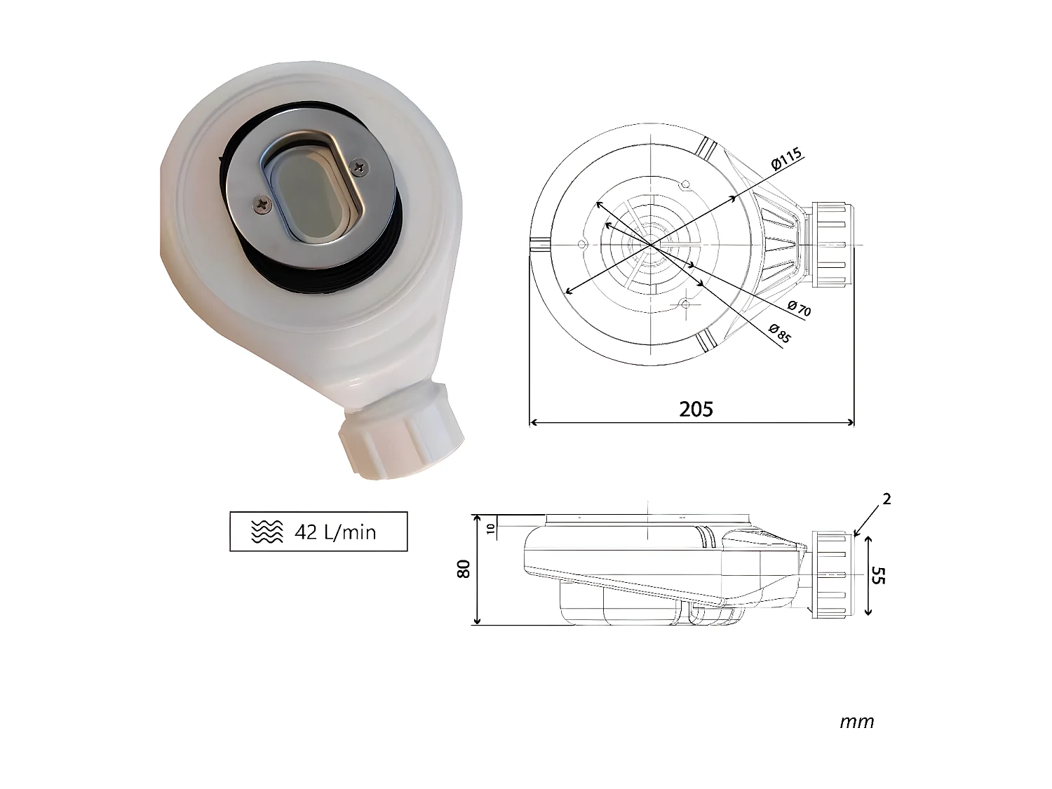 Plato de ducha pizarra EDIS CREMA  70x130 cm rejilla inox