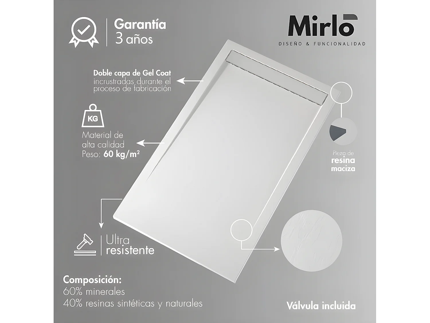 Plato de ducha resina TRINITY BLANCO  90x160 cm Rejilla Derecha