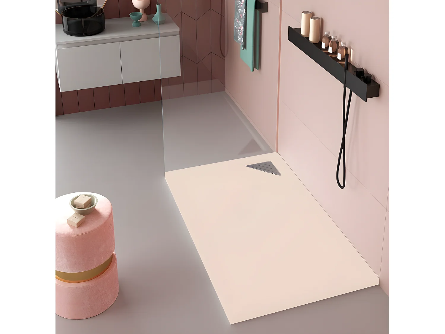 Mineralguss-Duschwanne extra flach TRINITY in CREME 80x90 cm