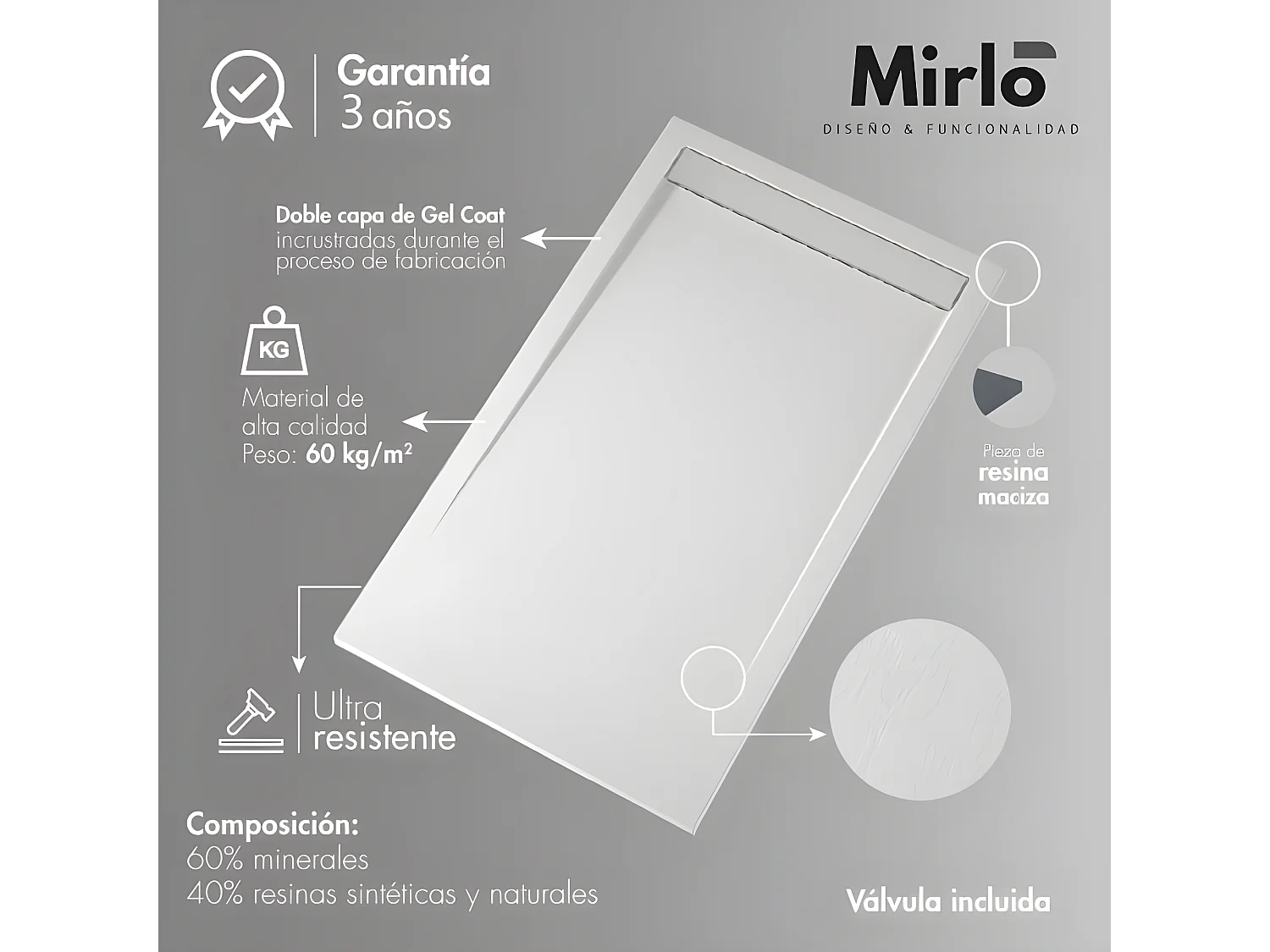 Plato de ducha resina TRINITY BLANCO  80x210 cm Rejilla Derecha