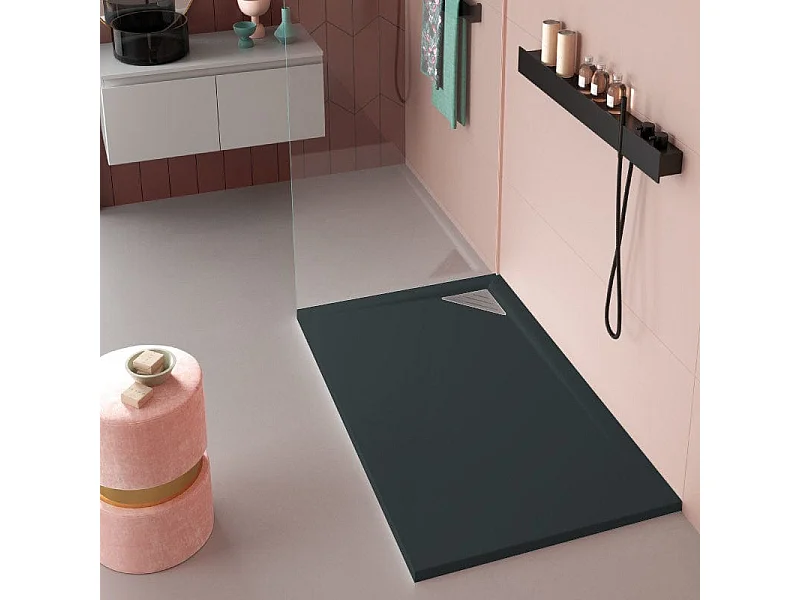 Mineralguss-Duschwanne extra flach TRINITY in ANTHRAZIT 90x140 cm  Ablaufschutz in Chrom