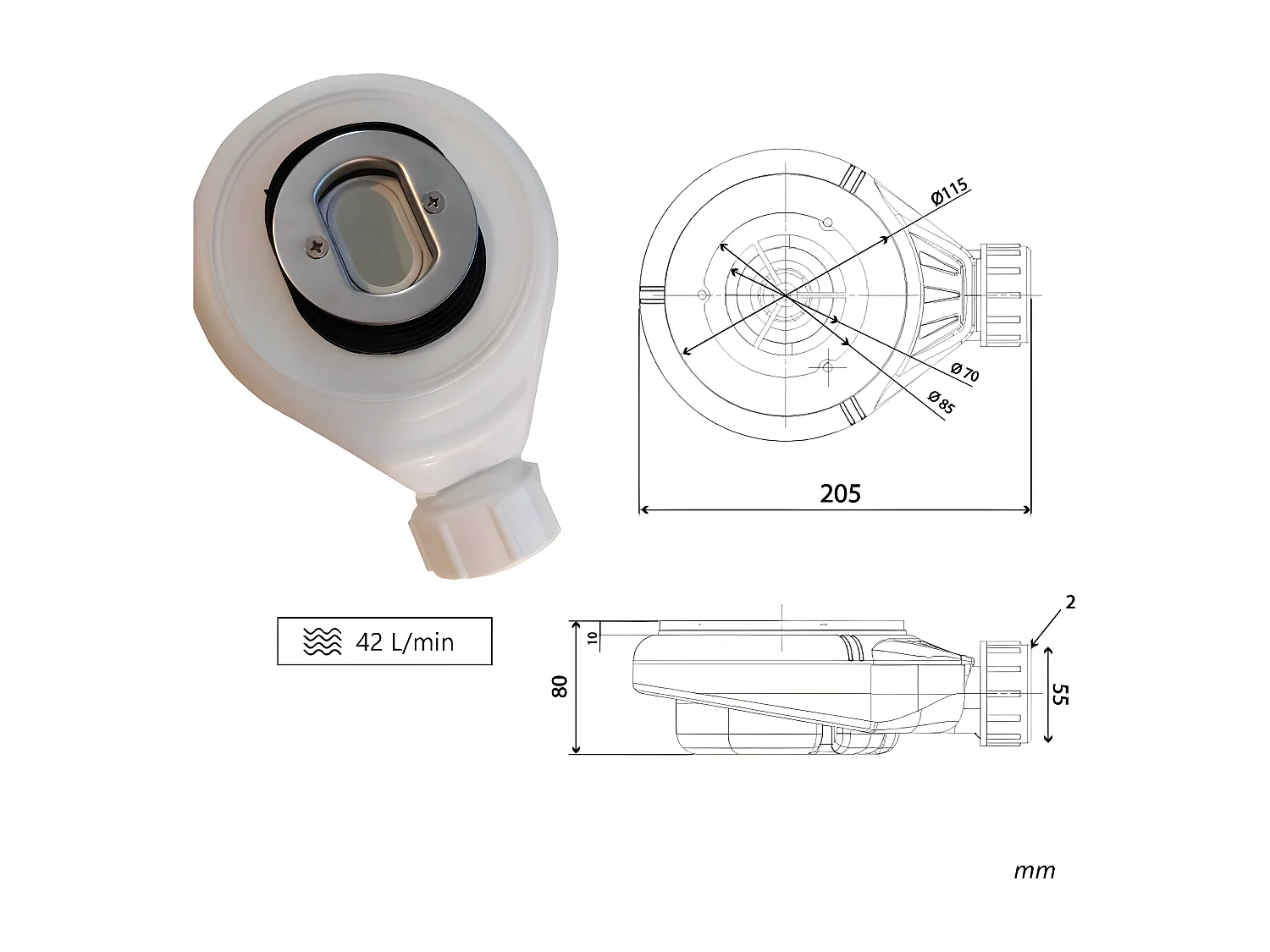 Plato de ducha pizarra EDIS ANTRACITA  70x140 cm rejilla color
