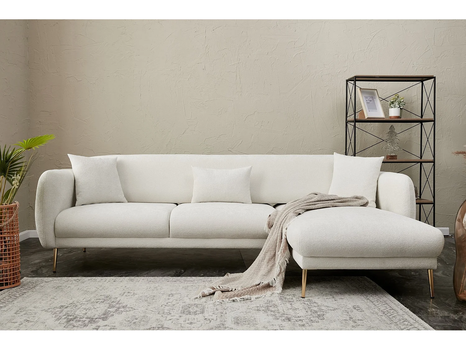 Canapé d'angle convertible tissu et pieds doré Birka 266cm-Couleur Blanc-angle droit