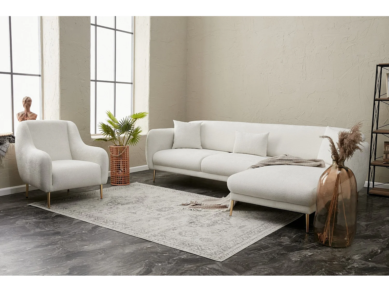 Converteerbare hoekbank in stof en gouden poten Birka 266 cm-Kleur Wit-juiste hoek