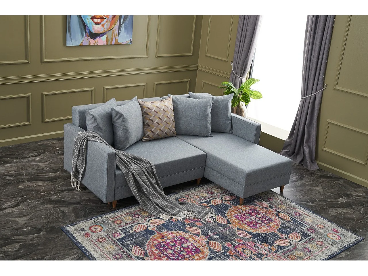 Canapé d'angle droit tissu bleu Klina 215cm