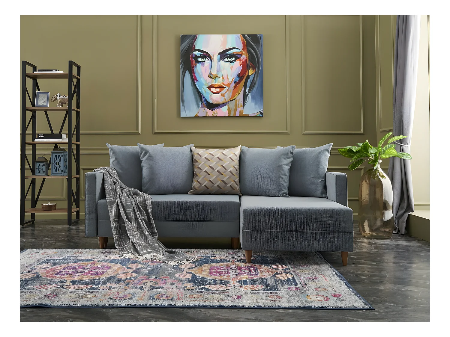 Canapé d'angle droit tissu bleu Klina 215cm