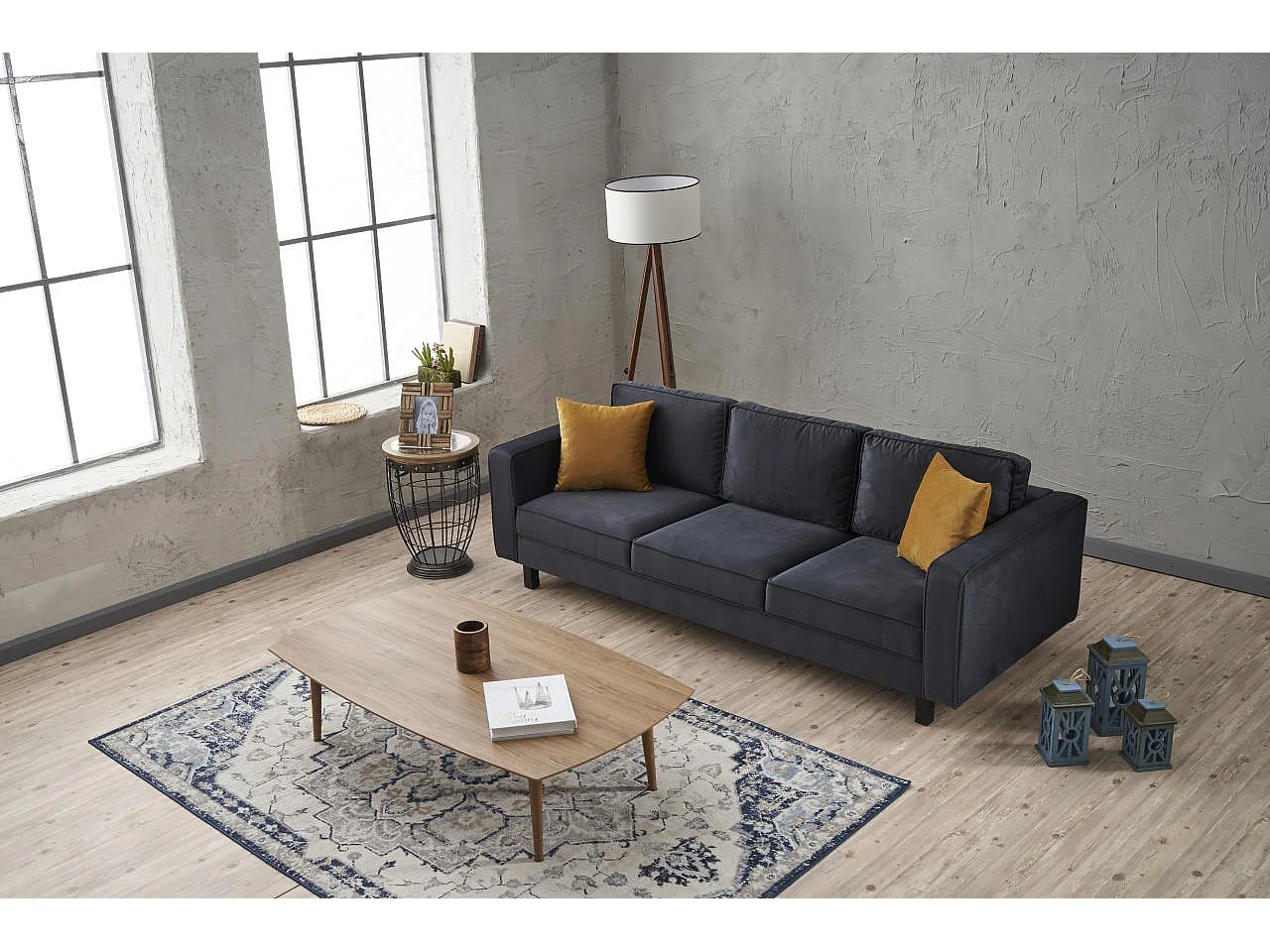 Canapé classique 3 places velours anthracite Kalena 222cm