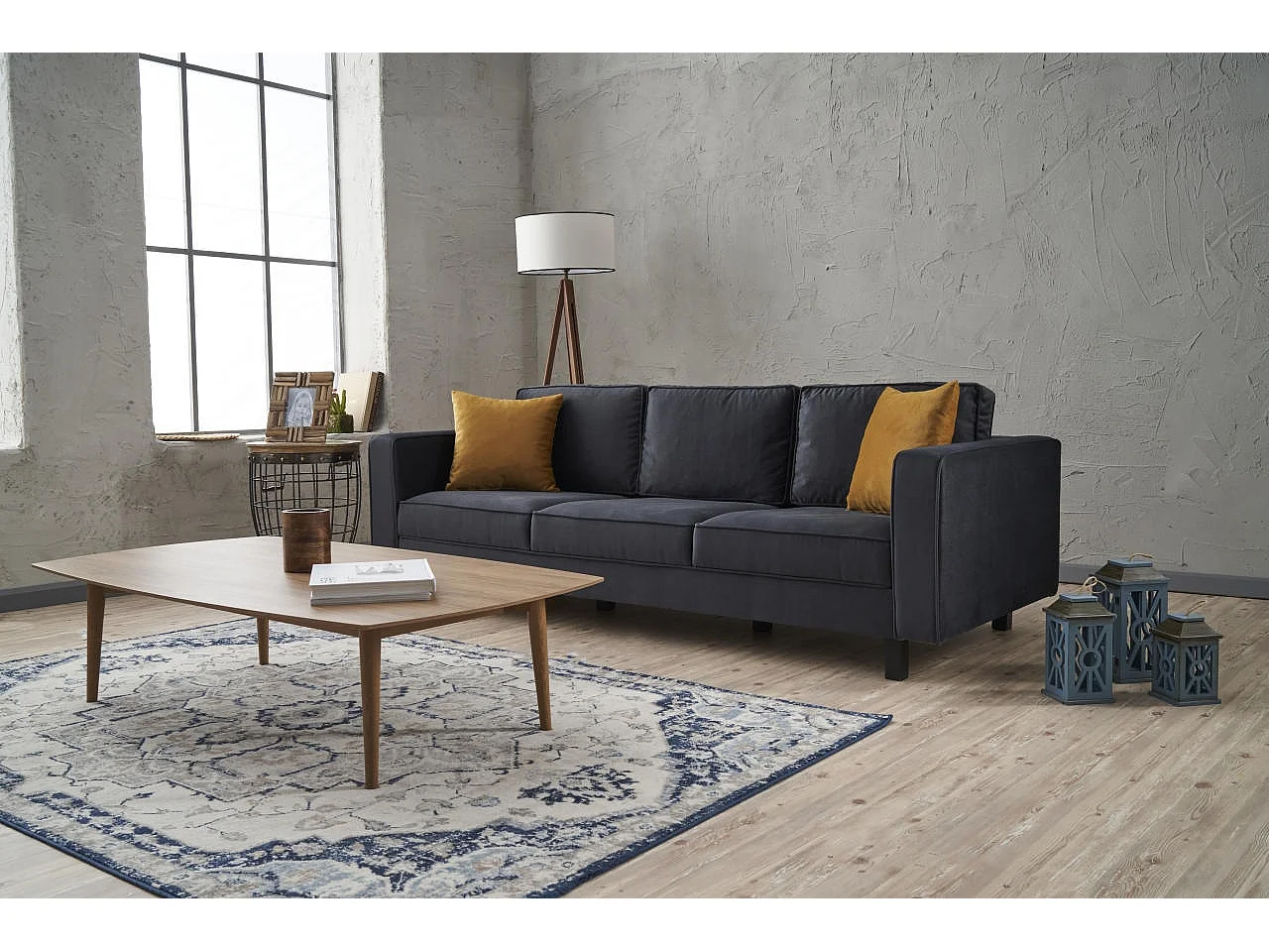 Canapé classique 3 places velours anthracite Kalena 222cm