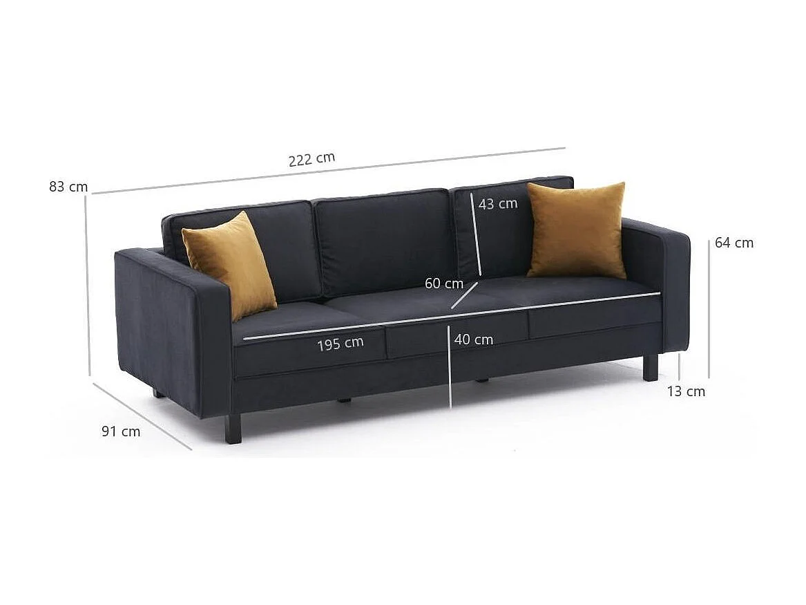 Canapé classique 3 places velours anthracite Kalena 222cm