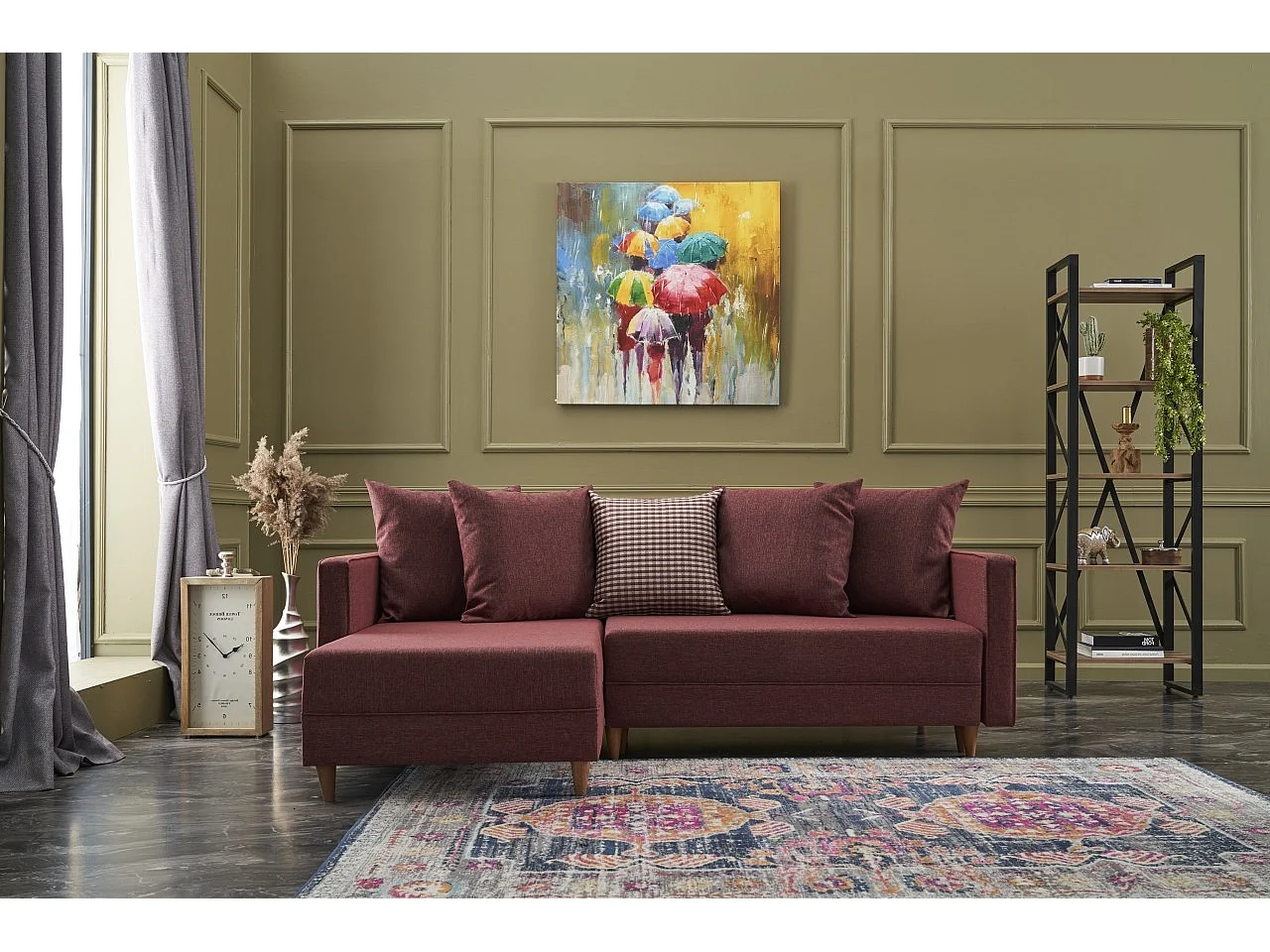 Canapé d'angle gauche tissu bordeaux Klina 215cm