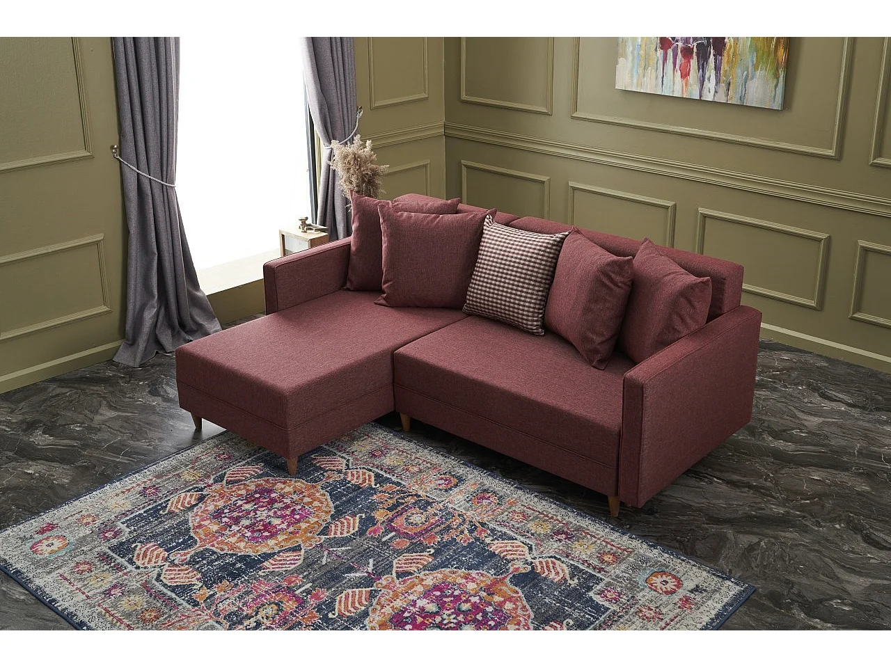 Canapé d'angle gauche tissu bordeaux Klina 215cm