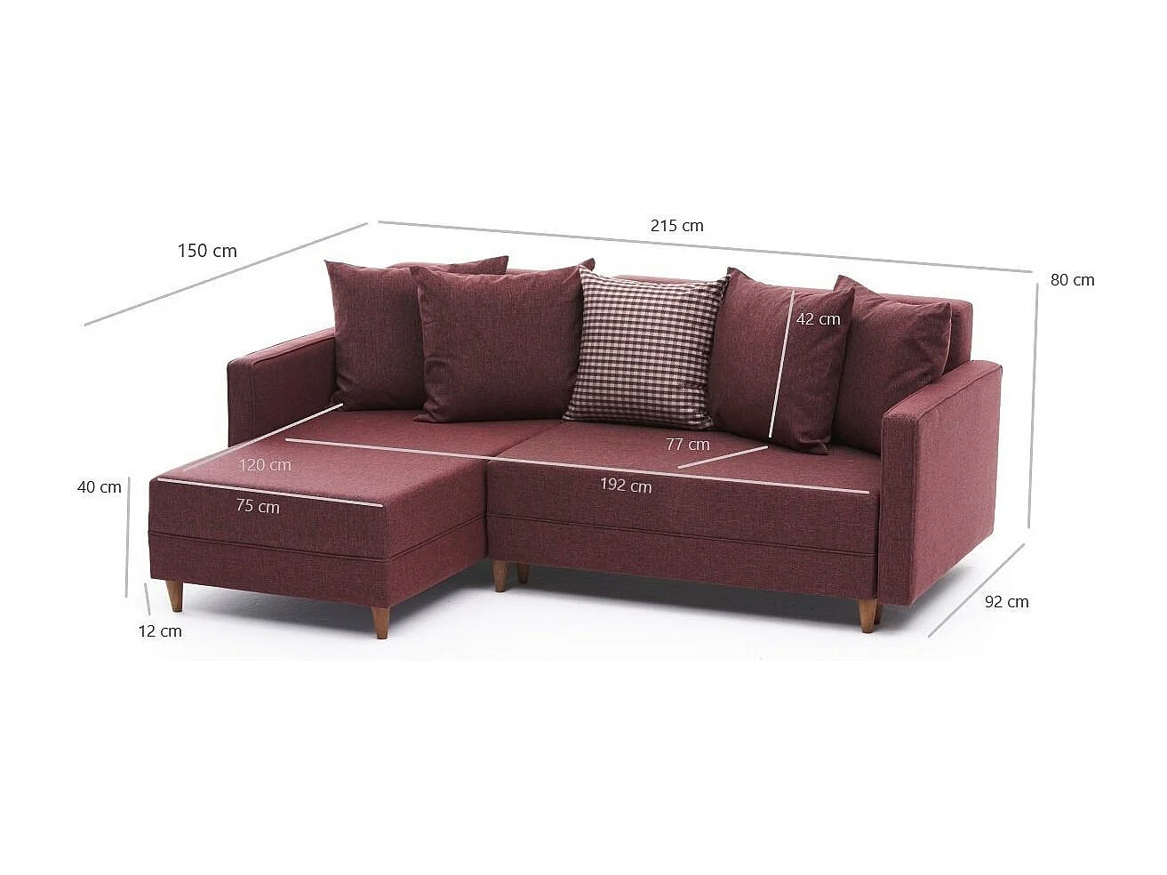 Canapé d'angle gauche tissu bordeaux Klina 215cm