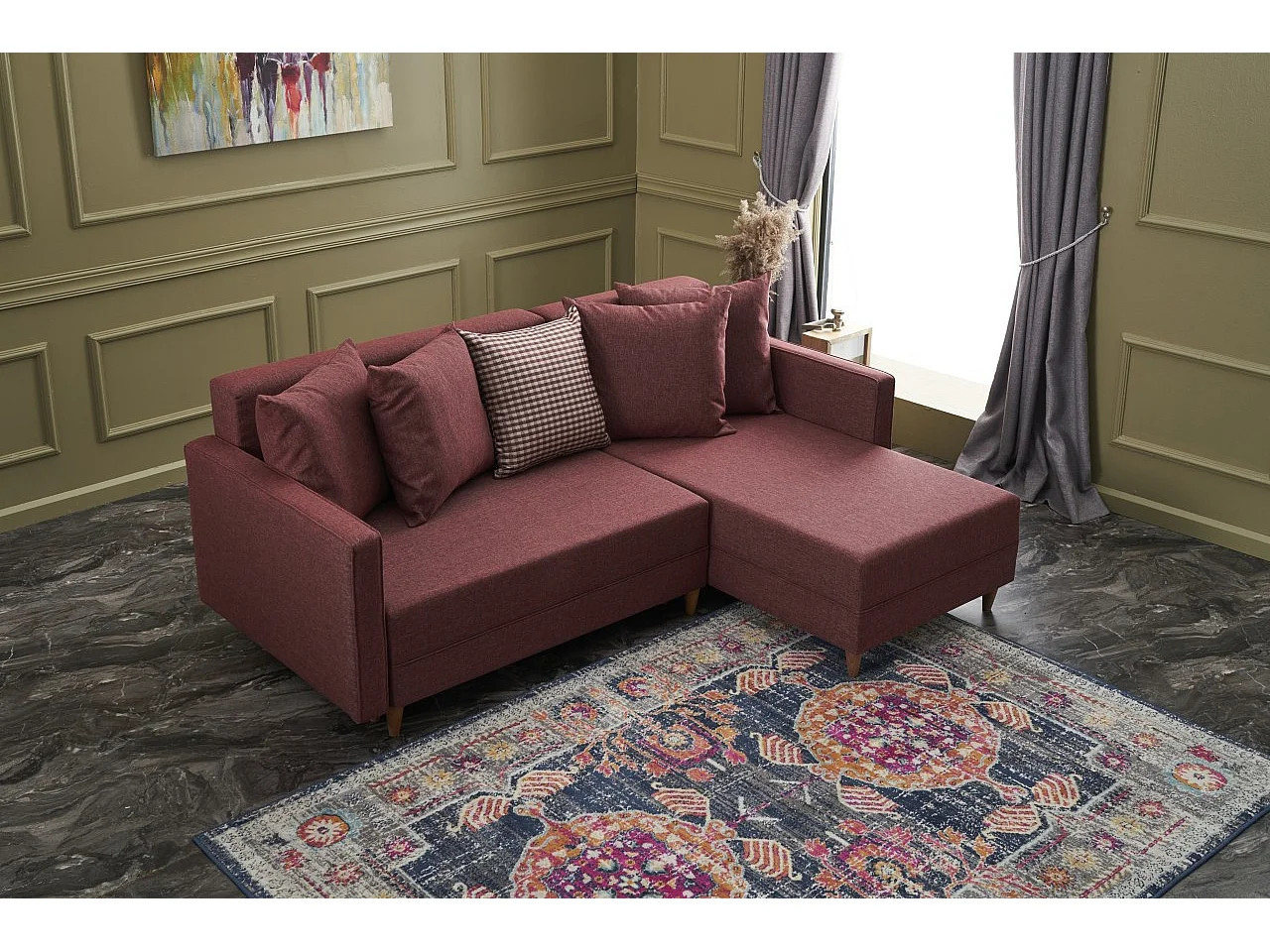 Canapé d'angle droit tissu bordeaux Klina 215cm