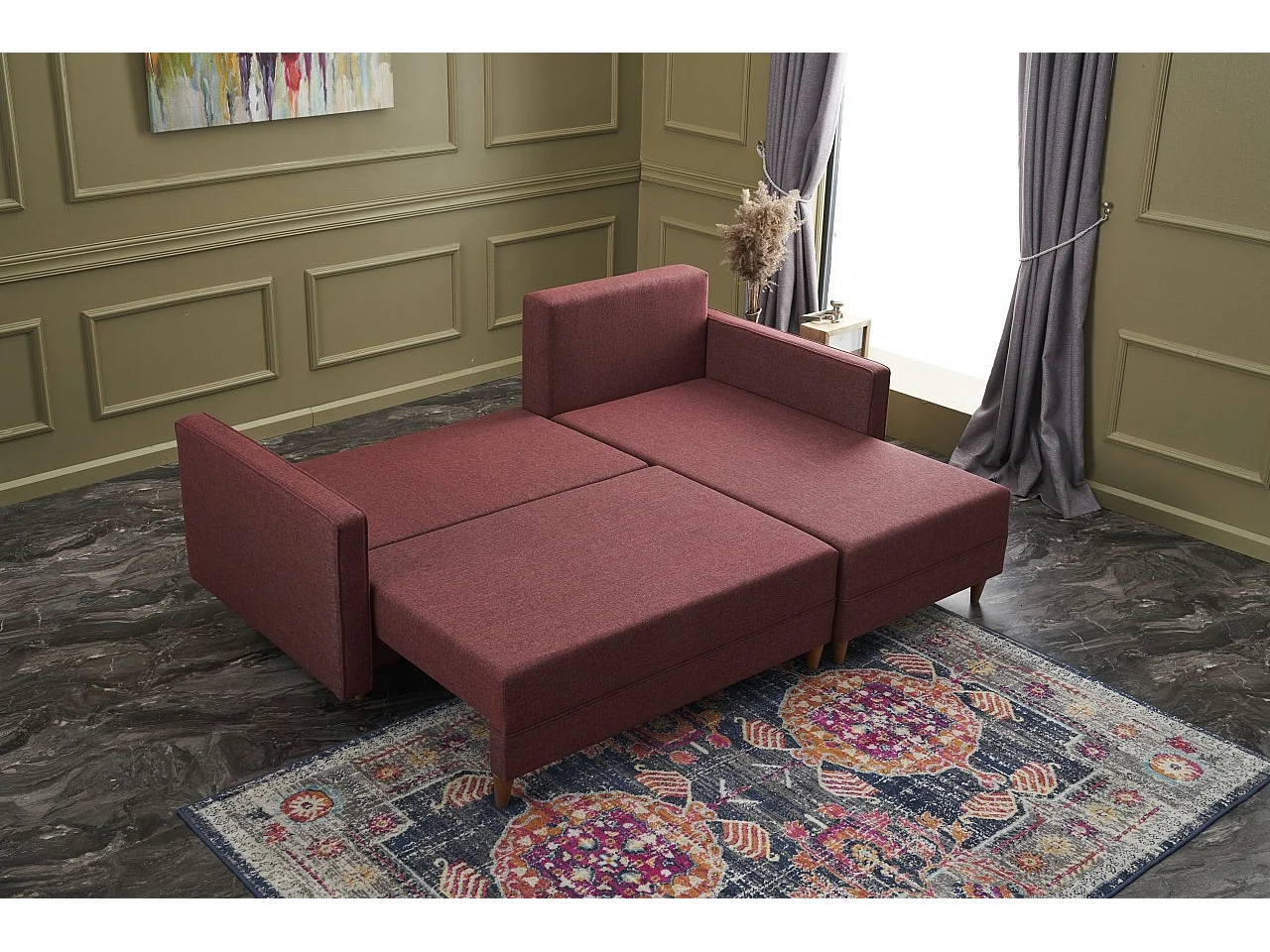 Divano angolare Altadena 317, Rosso, Funzione di sonno, 215x150x80cm