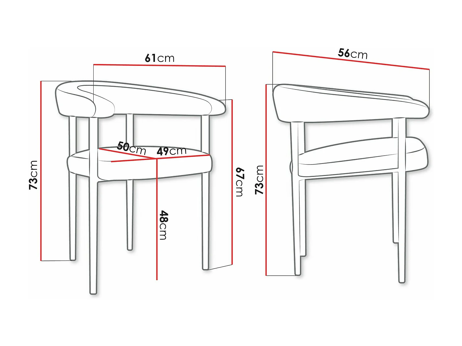 Chaise Jackson 110, 73x61x56cm, Tissu, Métallique, Bois