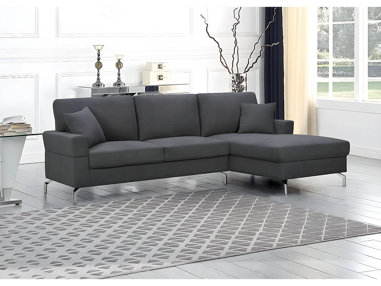 Sofa Chaise Longue Ellen 245cm, Gris Oscuro, Chaise Derecho