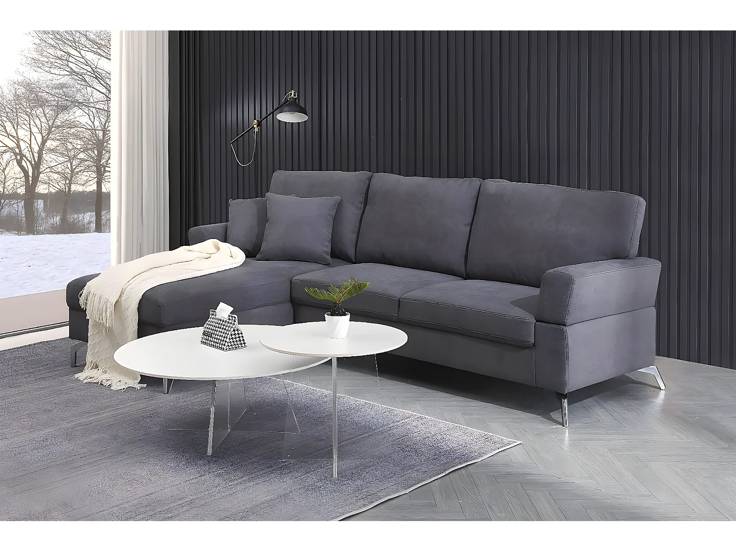 Sofa Chaise Longue Ellen 245cm, Gris Oscuro, Chaise Derecho