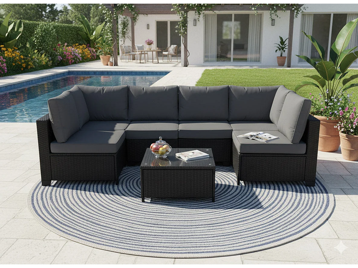 Conjunto de Sofá de Exterior em Rattan PE, 7 peças. Móveis de jardim e terraço, Cinza